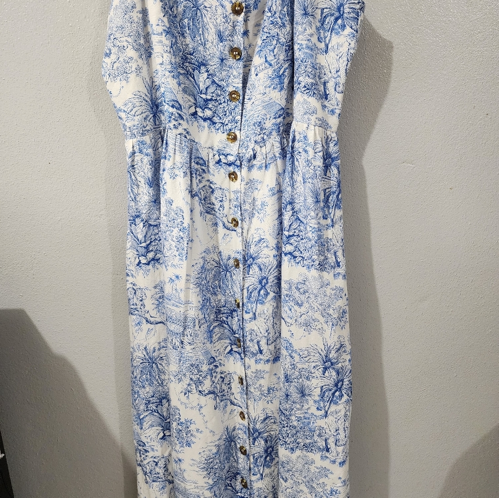 H&M White and Blue Floral Midi Sleeveless Dress Linen Blend Size 14 - Picture 2 of 13